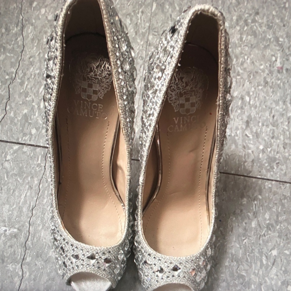 Vince Camuto Silver Glitter Open-Toe Pumps